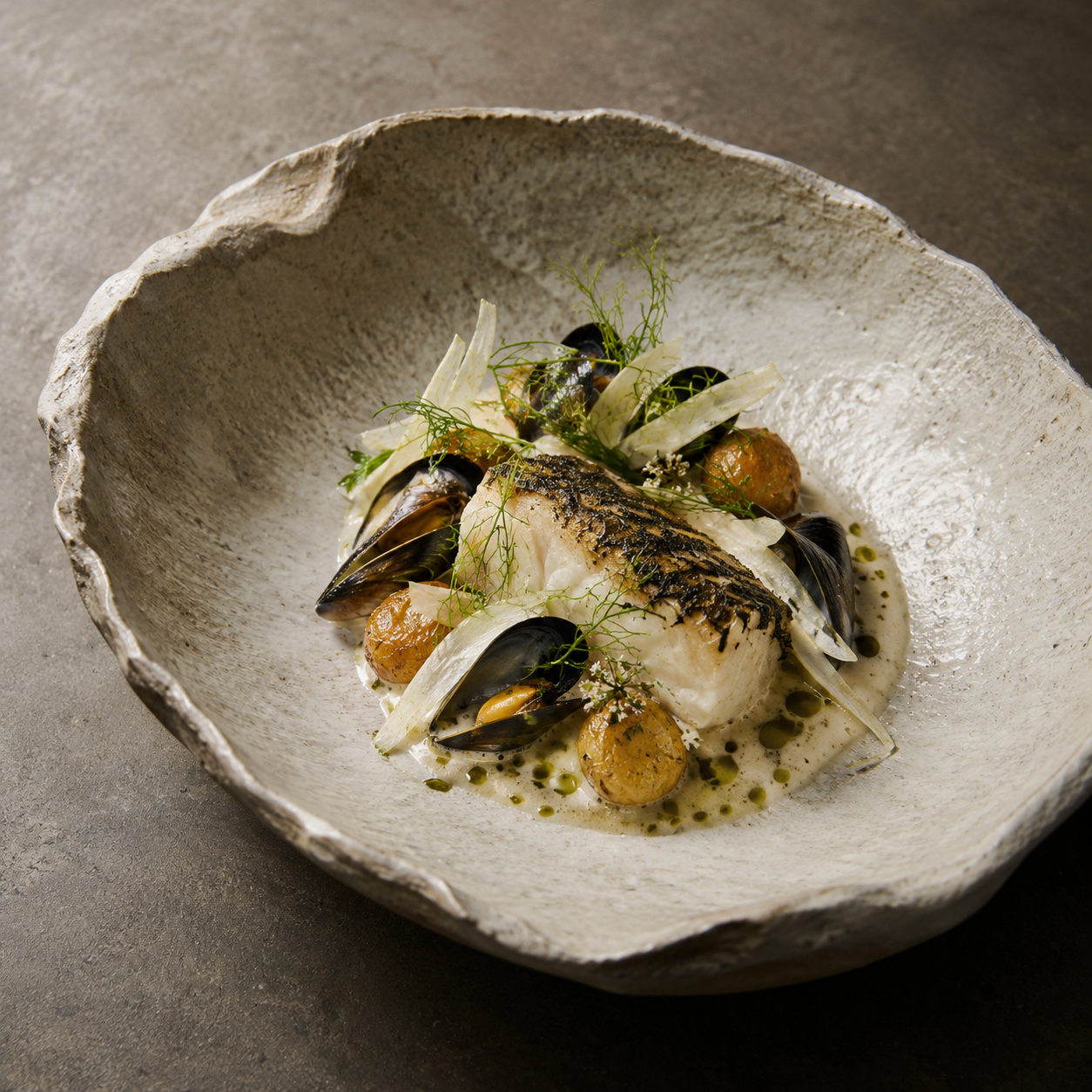 Hay-smoked rawas with aquavit-shepu sauce