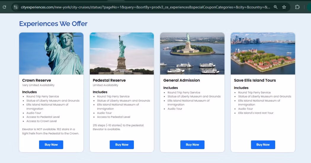 Limited variety of tickets on the official site The Statue of Liberty official website has only a few variety of tickets.