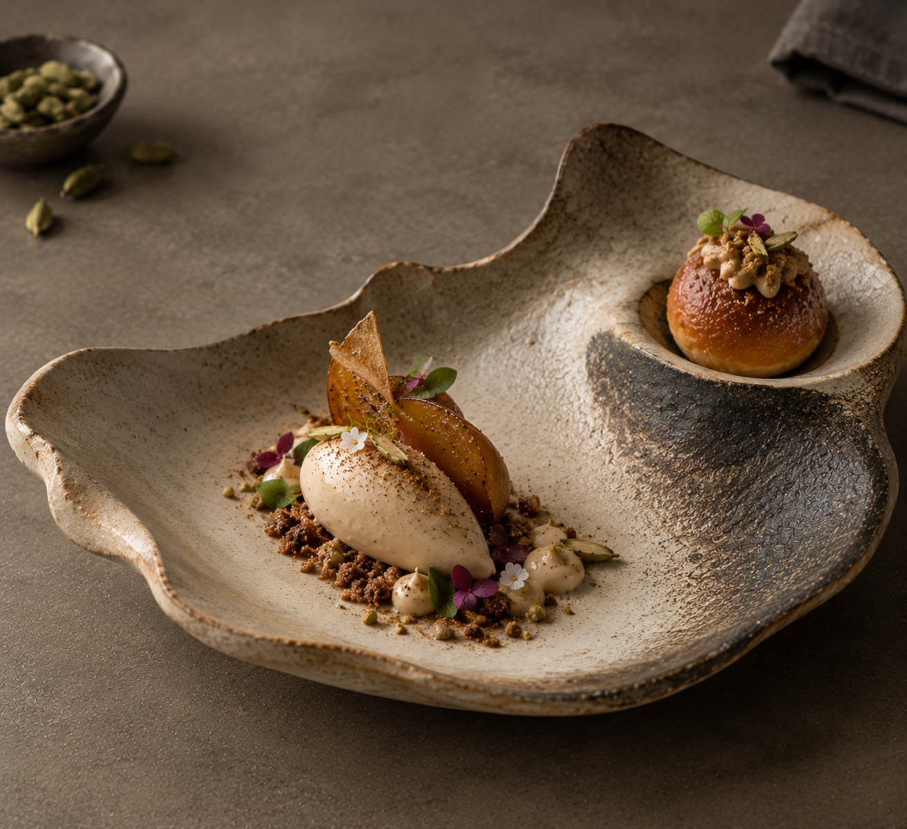 Local bimbla, cardamom cream