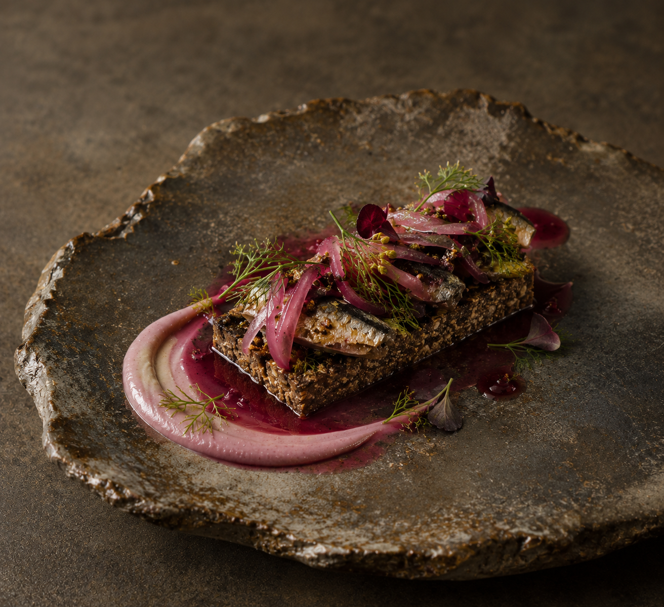Open sandwich on millet bread with pickled sardine