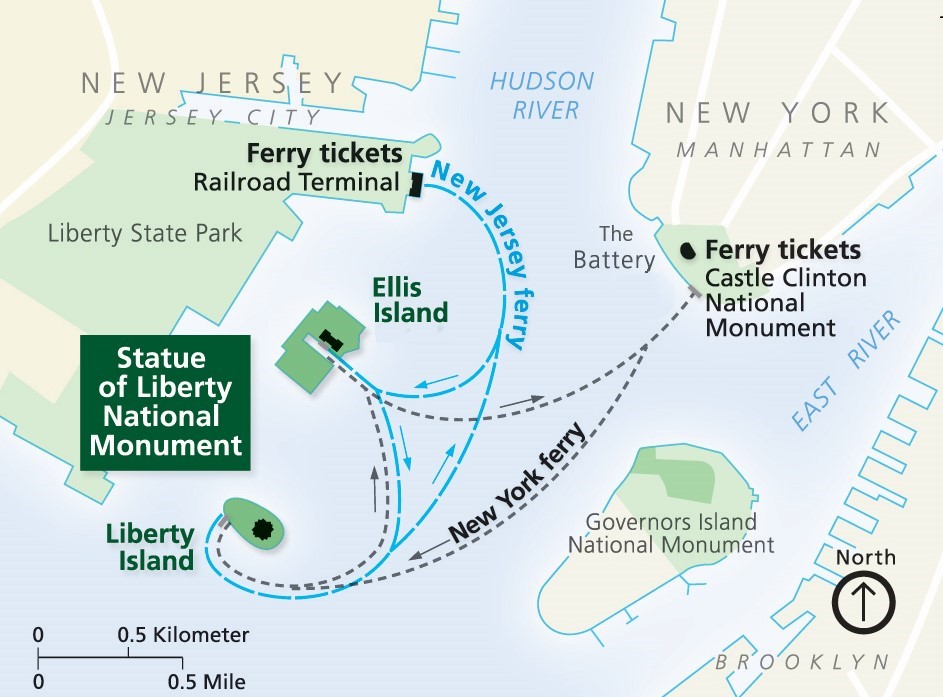 Statue of Liberty and Ellis Island Ferry Map The map of the Statue of Liberty ferry routes
