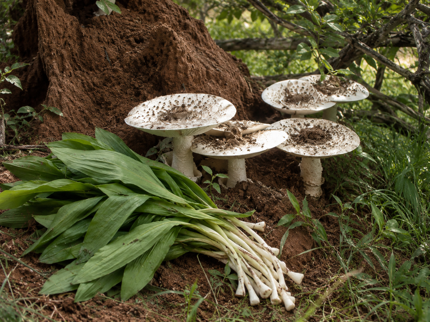 Wild jungle leeks and termite-hill mushrooms