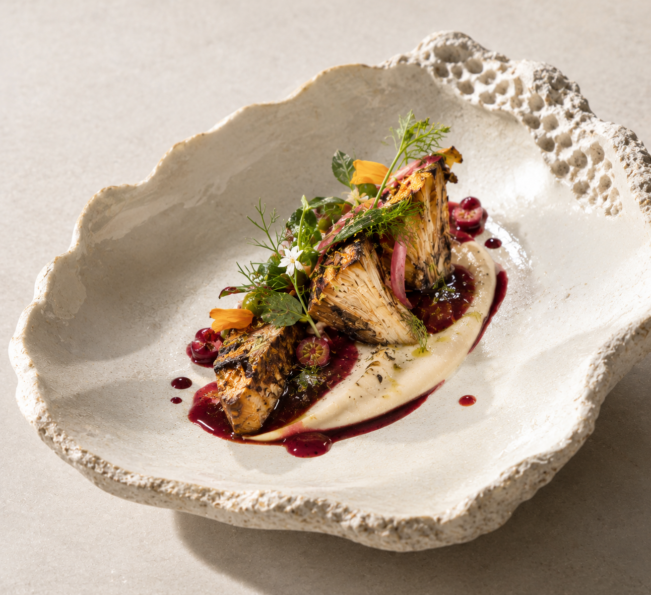 Wood-fired raw jackfruit with karonda-kokum jus